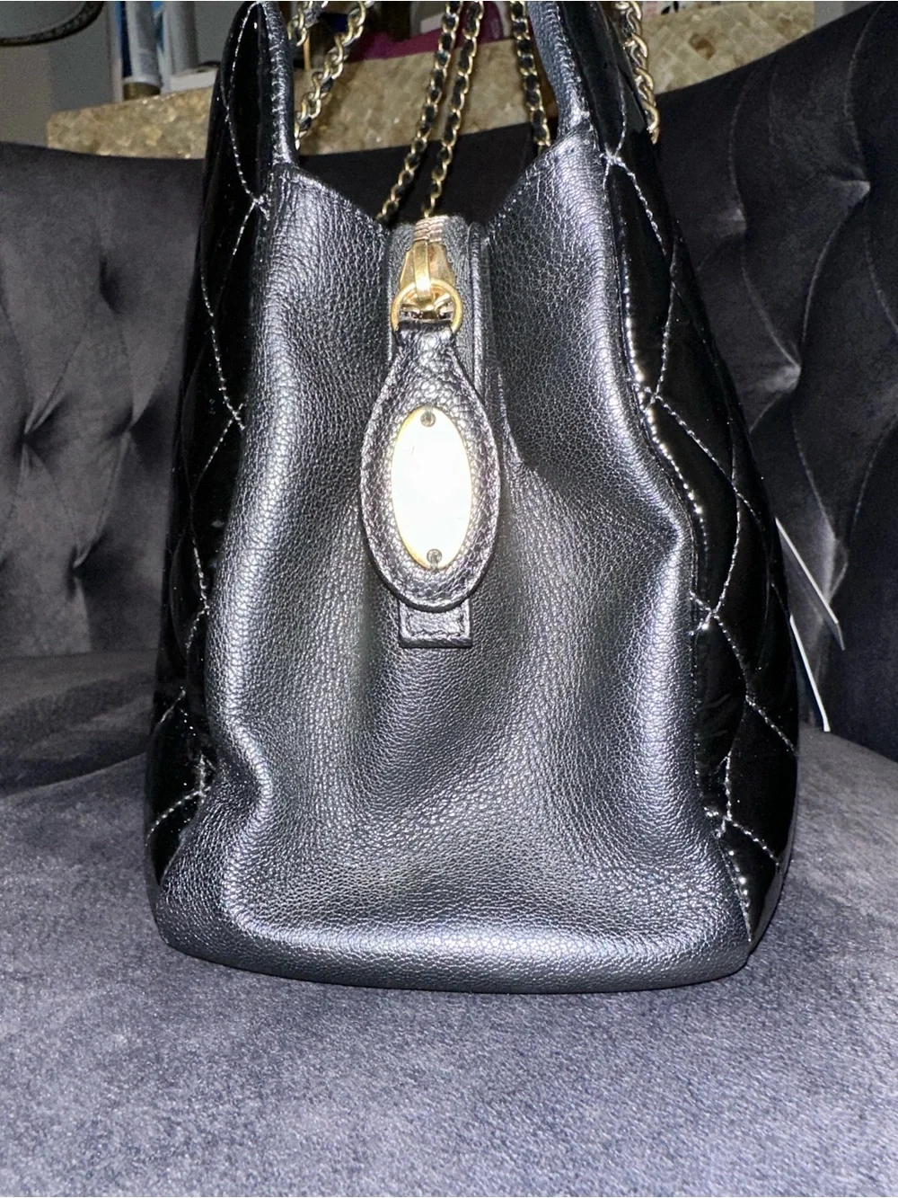 CHANEL Salzburg Quilted Patent Leather Shoulder Bag with Gold Chain Hardware
